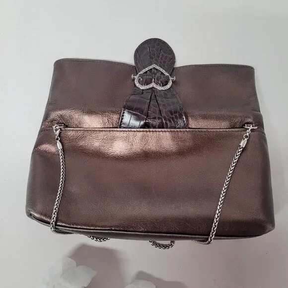 Brighton Scarlet Bronze Fold Over Leather Handbag Silver Strap W/Dust Bag EUC - Picture 4 of 12